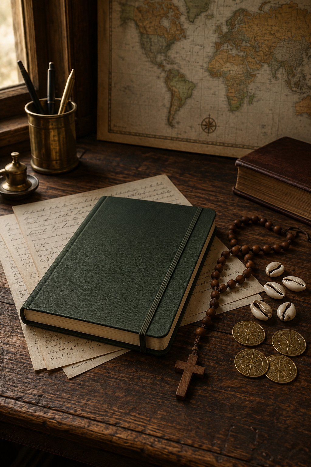 A scholarly desk with a green research notebook, rosary, cowrie shells, brass coins, and an old map.