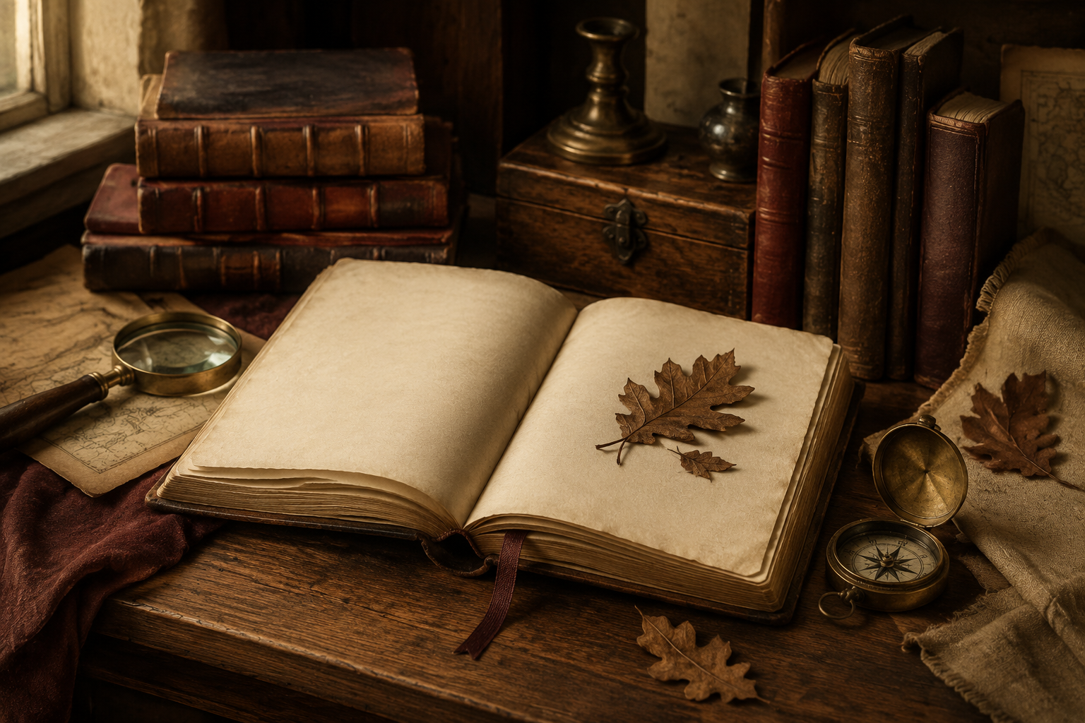 An open journal, oak leaves, antique books, and brass instruments on a scholar’s desk
