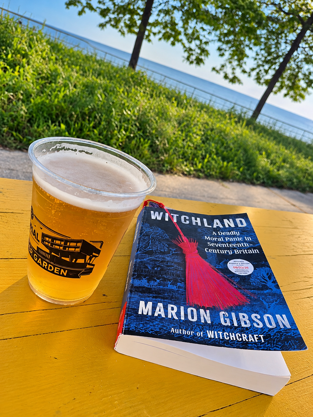Witchland by Marion Gibson beside a beer on a yellow picnic table overlooking the water.